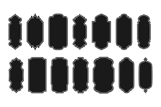 Arabian frames and border, text box. Set of islamic labels. Blank retro shape of badge, discount sales tag, insignia, price sticker. Collection of different vector icons