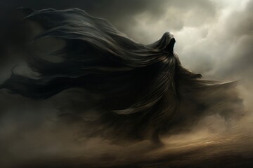 Grim reaper's cloak billowing in the wind. Halloween holiday background - obrazy, fototapety, plakaty