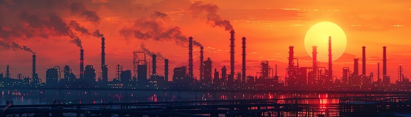 Fototapeta na wymiar Factory Pollution Sunset Silhouette of Industrial Pipelines and Smokestacks Symbolizing Environmental Impact