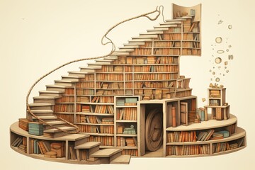 Illustration of a bookshelf transforming into a staircase, symbolizing the ascent of knowledge