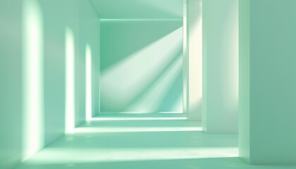 A serene mint green corridor illuminated by soft natural light at midday, showcasing minimalist architecture and clean lines in a calming atmosphere