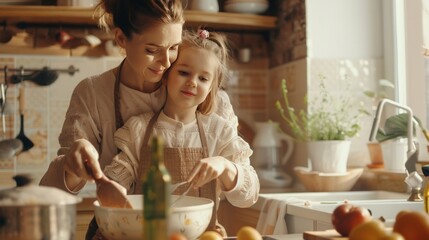 A mother and daughter cooking in a kitchen