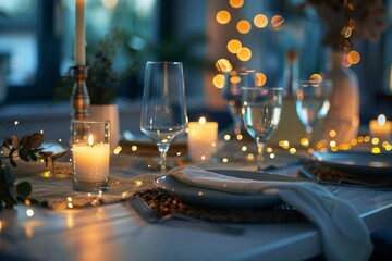 Stylish table setting with candlelight and lights for evening dinner party or family gathering, copy space concept
