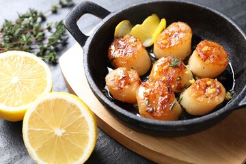 Delicious fried scallops and ingredients on dark gray textured table, closeup