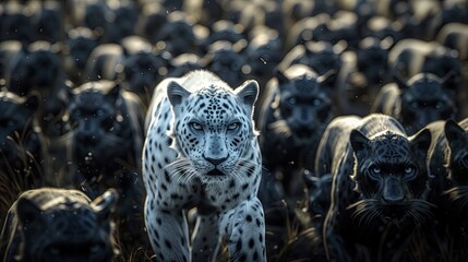 Stand out in the crowd. Concept, A white panther in a herd of large panthers. 