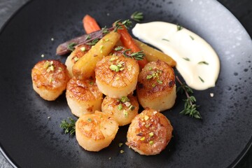 Delicious fried scallops with carrot and spices on dark gray plate, closeup