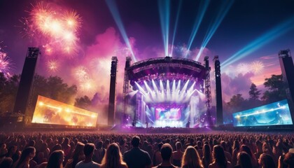 An exhilarating outdoor concert with a breathtaking fireworks display, lighting up the night sky...
