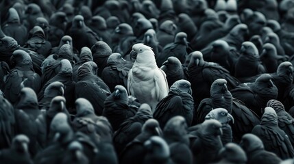 Stand out in the crowd. Idea: A white parrot in a large flock of black parrots.