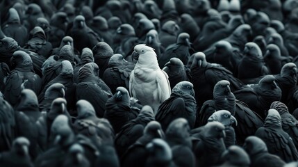 Fototapeta premium Stand out in the crowd. Idea: A white parrot in a large flock of black parrots.