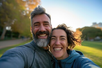 Joyful Middle-Aged Couple Capturing Moments in Urban Park - Powered by Adobe