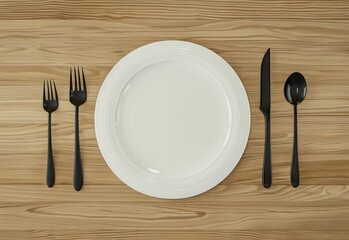 Top view of a white plate with a knife and fork on a wooden table, a mockup template for a food or restaurant concept design.