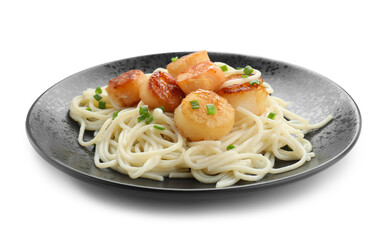 Delicious scallop pasta with green onion in plate isolated on white