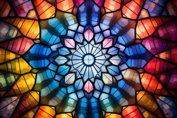 Majestic crystal cathedral window creating a kaleidoscope of colors indoors