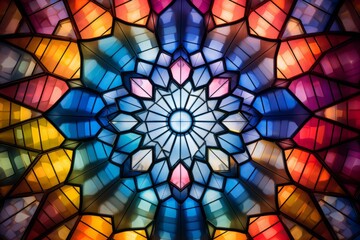Majestic crystal cathedral window creating a kaleidoscope of colors indoors