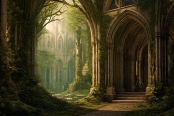 Fototapeta na wymiar Majestic forest cathedral with towering trees forming an archway