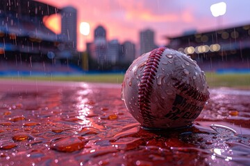 Baseball on Wet Field - obrazy, fototapety, plakaty