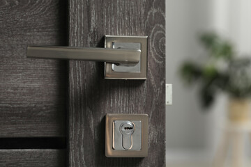 Open wooden door with metal handle, closeup