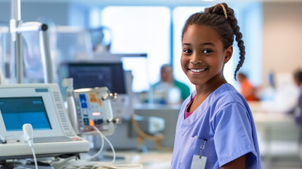 A cheerful young girl in scrubs posing in a hospital with medical equipment in the background. Young girl Aspiring Nurse in Hospital Environment