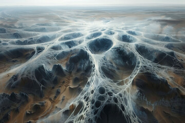 Construct a surreal aerial perspective of a desert canal network resembling a giant spider's web, with shimmering threads of water crisscrossing the barren landscape, sustaining a delicate balance 