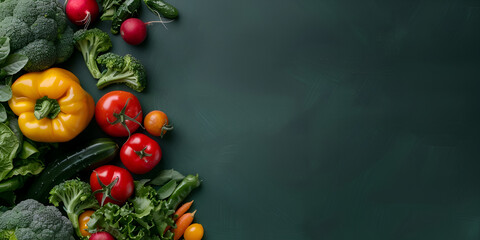 Fresh vegetables of various colors arranged on a deep green surface. Banner, copy space
