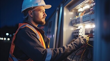 close-up handsome Electrician engineer repairing electrical box work tester measuring voltage and current of power electric line in electrical cabinet control, outdoor, outside