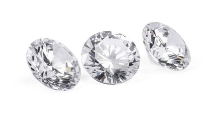 Three beautiful shiny diamonds isolated on white - obrazy, fototapety, plakaty
