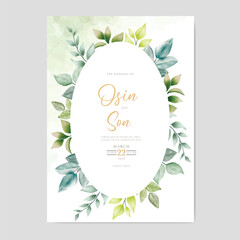 Elegant watercolor wedding invitation card template design with green leaves 