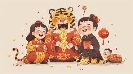 Illustration of Asian family members, a tiger biting a gold coin, and red envelopes with lucky money for 2022 Chinese New Year