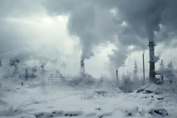 Snow covered landscapes with smoke rising from chimneys