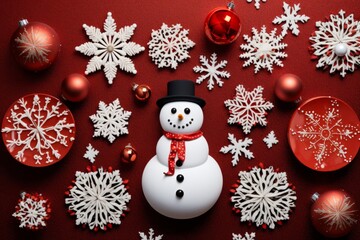 Snowman figurines and snowflake decorations arranged in a flatlay design for Christmas