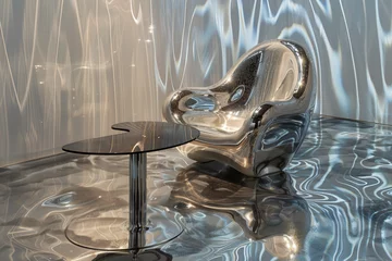 Papier Peint photo Montagne de la Table Craft a surreal sitting area with a chair and table emerging from a pool of liquid mercury, the reflective surface distorting the surrounding environment into a mesmerizing abstraction