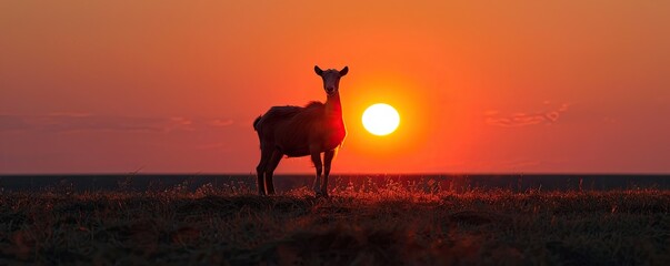 Framed by the golden disc of the sun in warm light, a majestic goat stands silhouetted before a dazzling sunset.