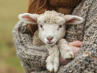 A young, woolly lamb is cradled in the protective arms of a caretaker, capturing a gentle scene of warmth and tenderness.
