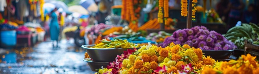 A festive Songkran market vibrant with colors and scents of jasmine garlands - obrazy, fototapety, plakaty