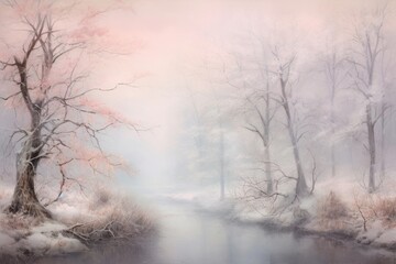 Soft pastel hues merging together in a dreamy and ethereal winter landscape, invoking a sense of magic.