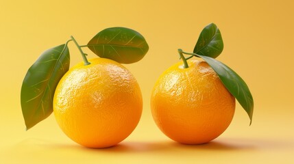 Isolated on a yellow background, realistic 3D rendering of Mandarin oranges, one with a couplet attached.