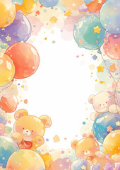 A colorful children's frame with a bunch of balloons and teddy bears. The balloons are in various colors and sizes, and the teddy bears are scattered throughout the frame.