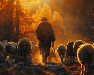 Portraying a timeless scene of rural life, an elderly shepherd stands amid his flock of sheep in a...