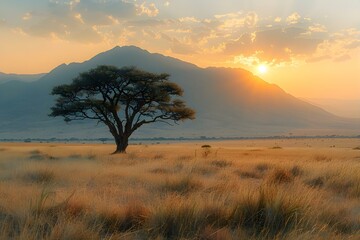 Solitary Tree at Sunset: African Serenity. Concept Nature Photography, Golden Hour, African...