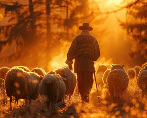 Amid his flock of sheep in a golden field at sunset, an elderly shepherd stands, portraying a...