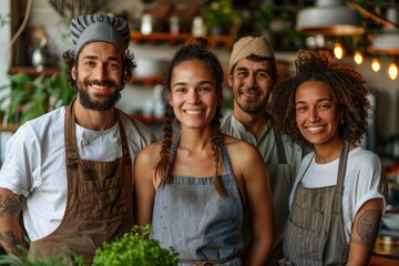 Welcoming and cheerful cafe staff members pose with vibrant green fresh herbs, promoting a friendly atmosphere