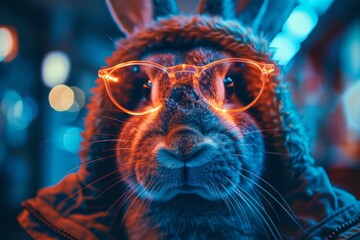An artistic, digitally enhanced photo of a rabbit with vivid neon lights and glasses, radiating a...