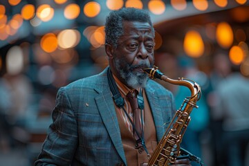 A seasoned musician playing the saxophone with emotional depth during a twilight setting