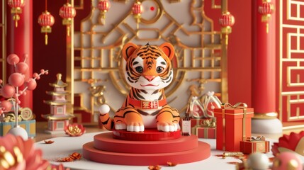 An image of a tiger seated on a red podium with lots of money and gifts behind it. Couplets written in Chinese write up a semicircular Chinese window tracery behind the tiger.