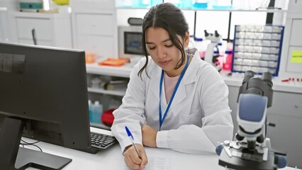 A focused young hispanic woman scientist taking notes in a modern laboratory setting, highlighting her professionalism and the clinical atmosphere.