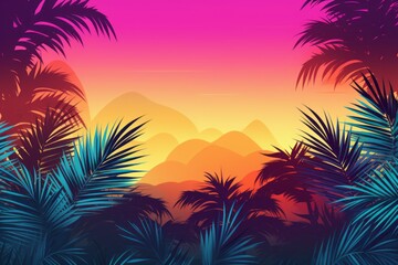 Fototapeta na wymiar Tropical and summery social media background with palm leaves and sunsets