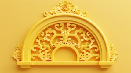 An isolated yellow background shows a Chinese semicircle window tracery in 3D. - obrazy, fototapety, plakaty
