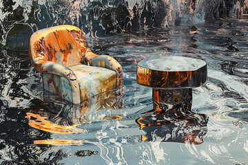 Craft a surreal sitting area with a chair and table emerging from a pool of liquid mercury, the reflective surface distorting the surrounding environment into a mesmerizing abstraction