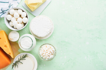 Dairy products or farm products. Fresh organic dairy products milk, cottage cheese, butter, cream,...