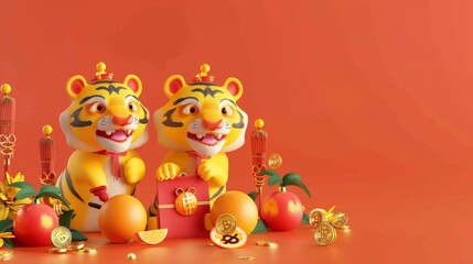A 3D rendering of tigers pawing at Mandarin oranges, a firecracker decoration, and a red envelope filled with coins.